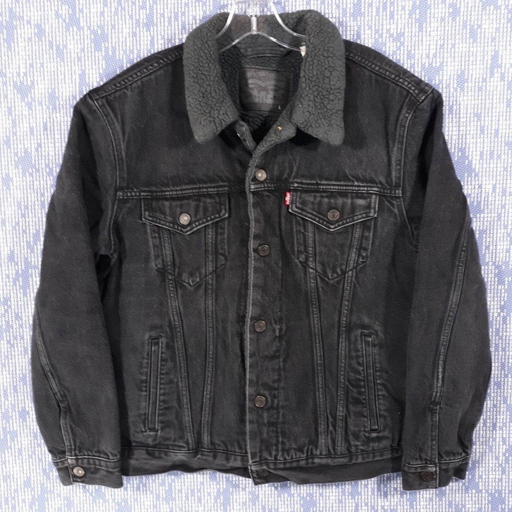 Levi's Denim Jacket Mens Size Large‎ Fits Medium Trucker Sherpa Fleece Lined